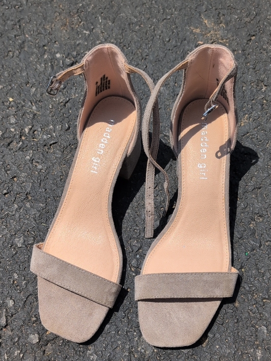 Madden Girl Shoes - Madden Girl Taupe Suede Ankle Strap Block Heel Sandals